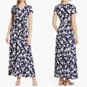 Eliza J SZ 6 Blue White Floral V-Neck Faux Wrap Belted Maxi Stretch Dress